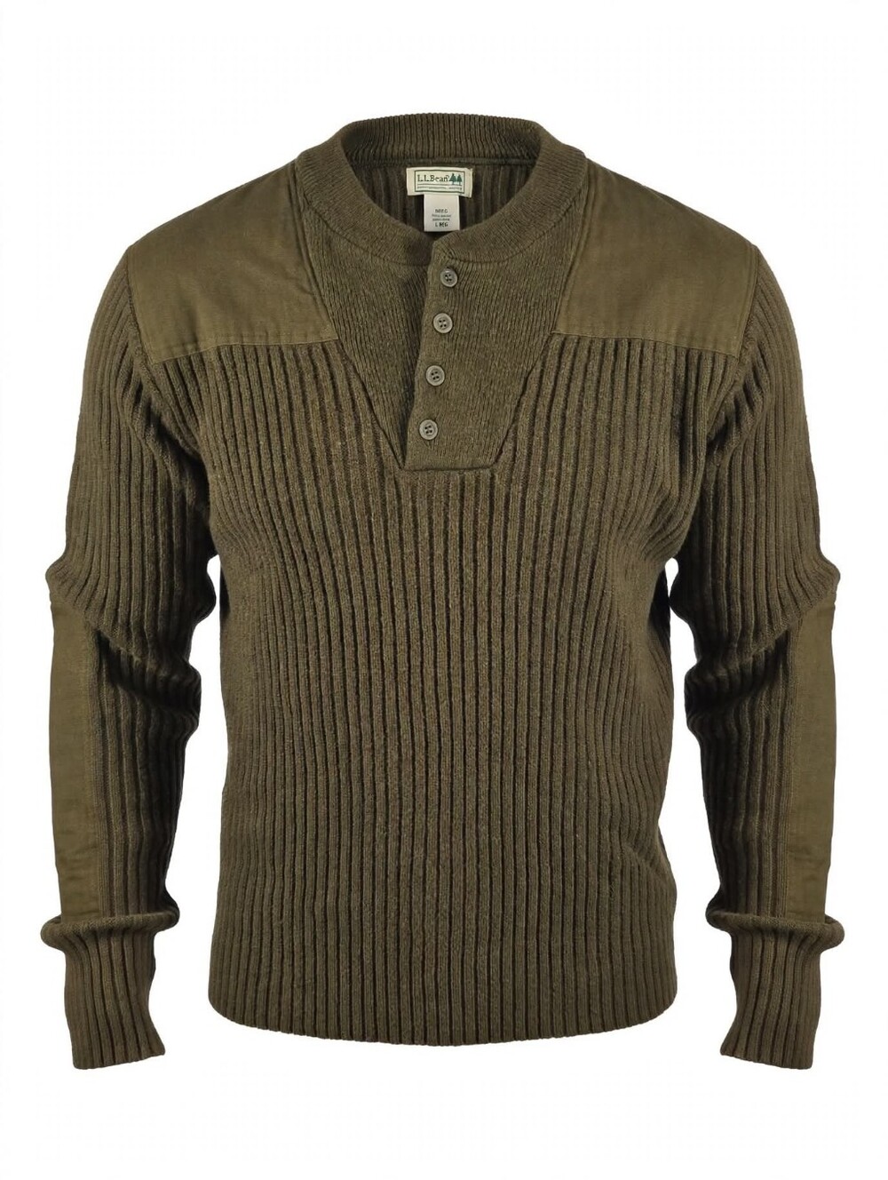 LL Bean Olive Green Army Merino Lambswool Ribbed Commando Henley Sweater Large